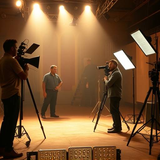 Actors on a film set, emphasizing acting for film techniques