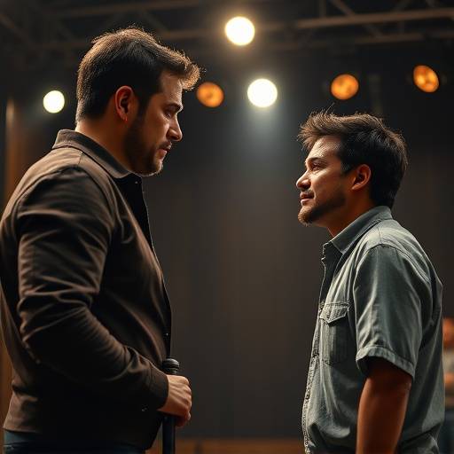 Two actors intensely rehearsing a scene from a play